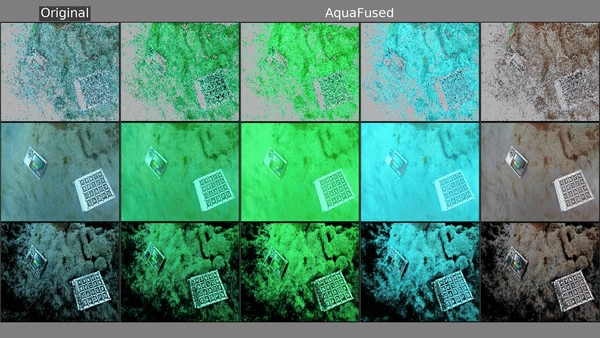 Animated AquaFuse results comparing original underwater reconstructions with aquafused waterbody styles across point clouds and dense scene renderings.