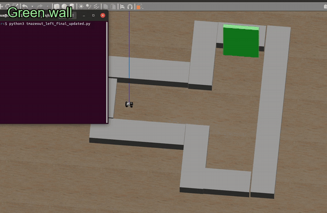 Full neuromorphic robot movement responding to green wall then red wall in a T-maze.